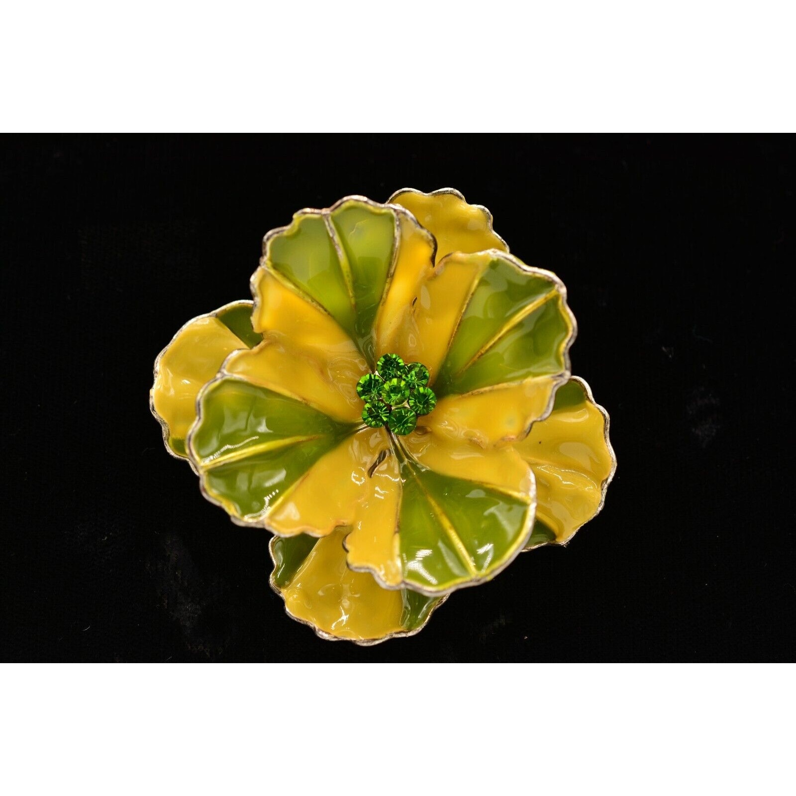 Best Vintage Flower Pin Brooch Green Enamel Rhinestone Large Chunky Signed Binah